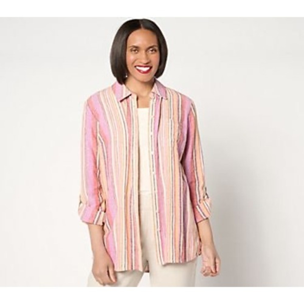 Denim & CO Naturals Striped Linen Blend Button Front Tunic Shirt Size 2XL Blouse